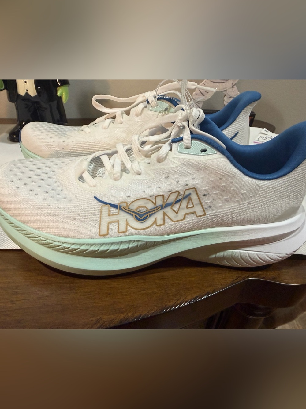 Hoka One One White and Blue Mens Cushioned Running Shoes